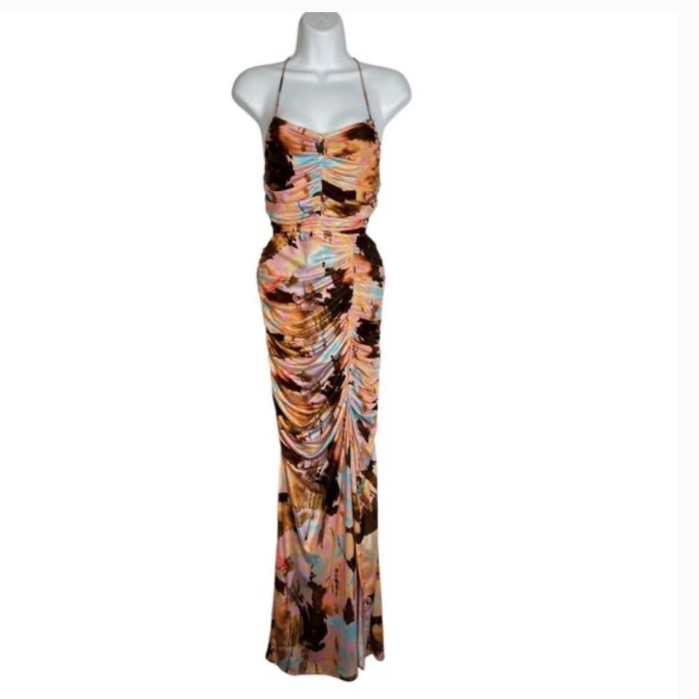 Y2k ruched Elegant Cream and Orange Spaghetti Strap Maxi Dress front slit acacia - Picture 16 of 16